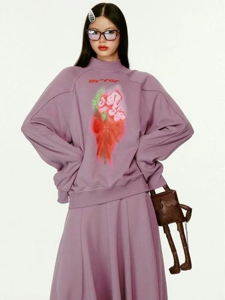 3D Effect Printed Purple Long Sleeve Sweatshirt Set【s0000004423】