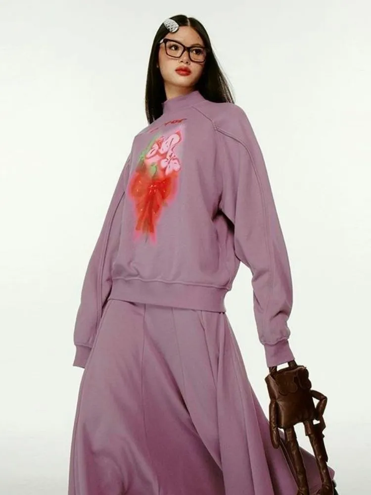 3D Effect Printed Purple Long Sleeve Sweatshirt Set【s0000004423】