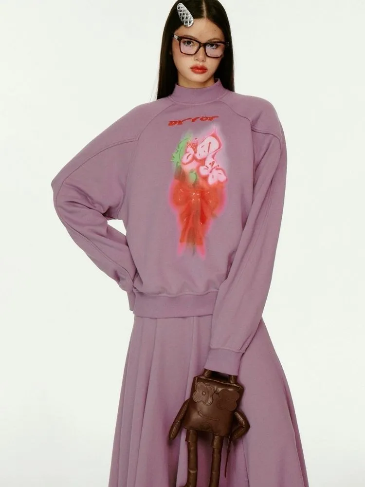 3D Effect Printed Purple Long Sleeve Sweatshirt Set【s0000004423】