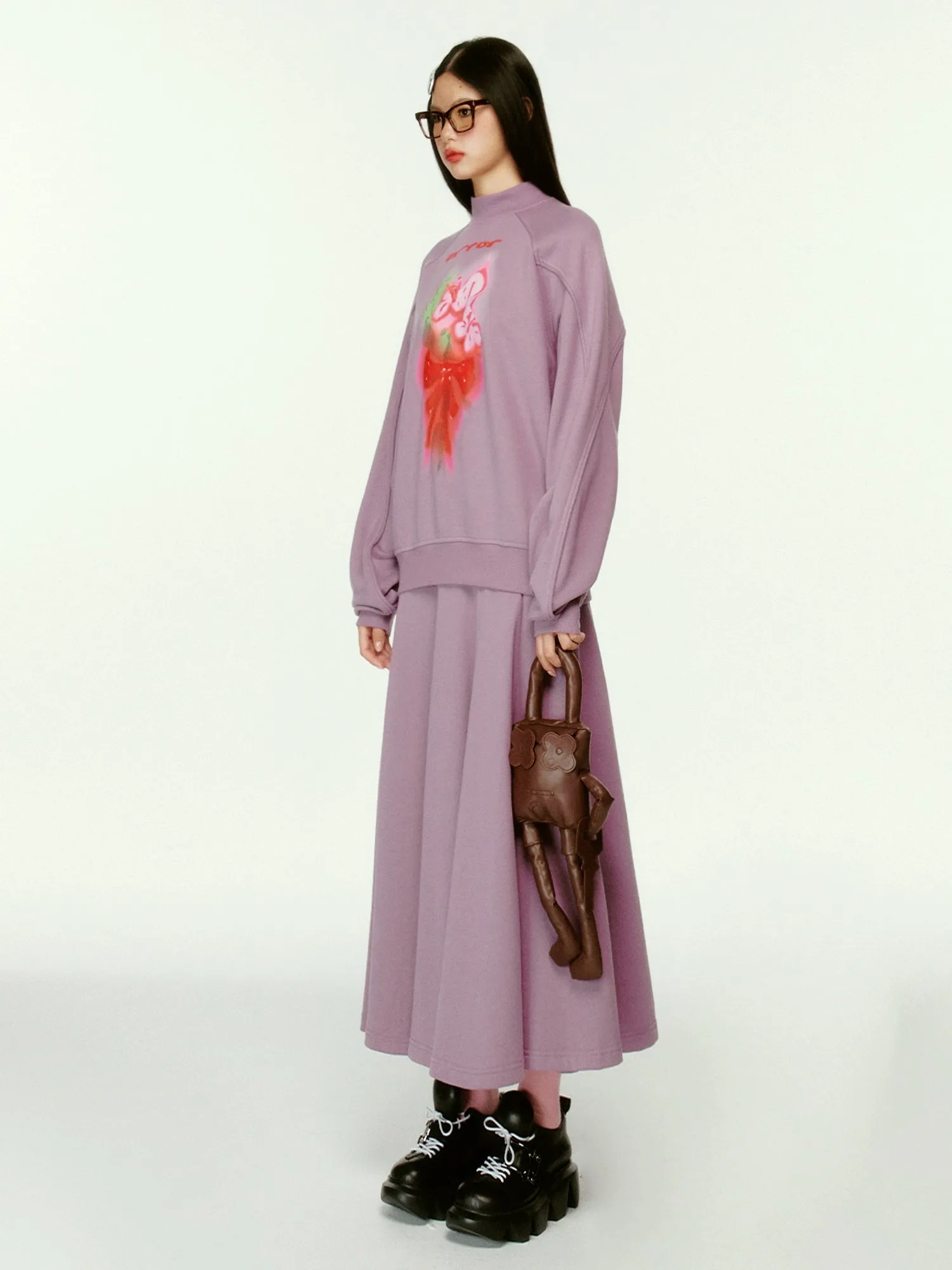 3D Effect Printed Purple Long Sleeve Sweatshirt Set【s0000004423】