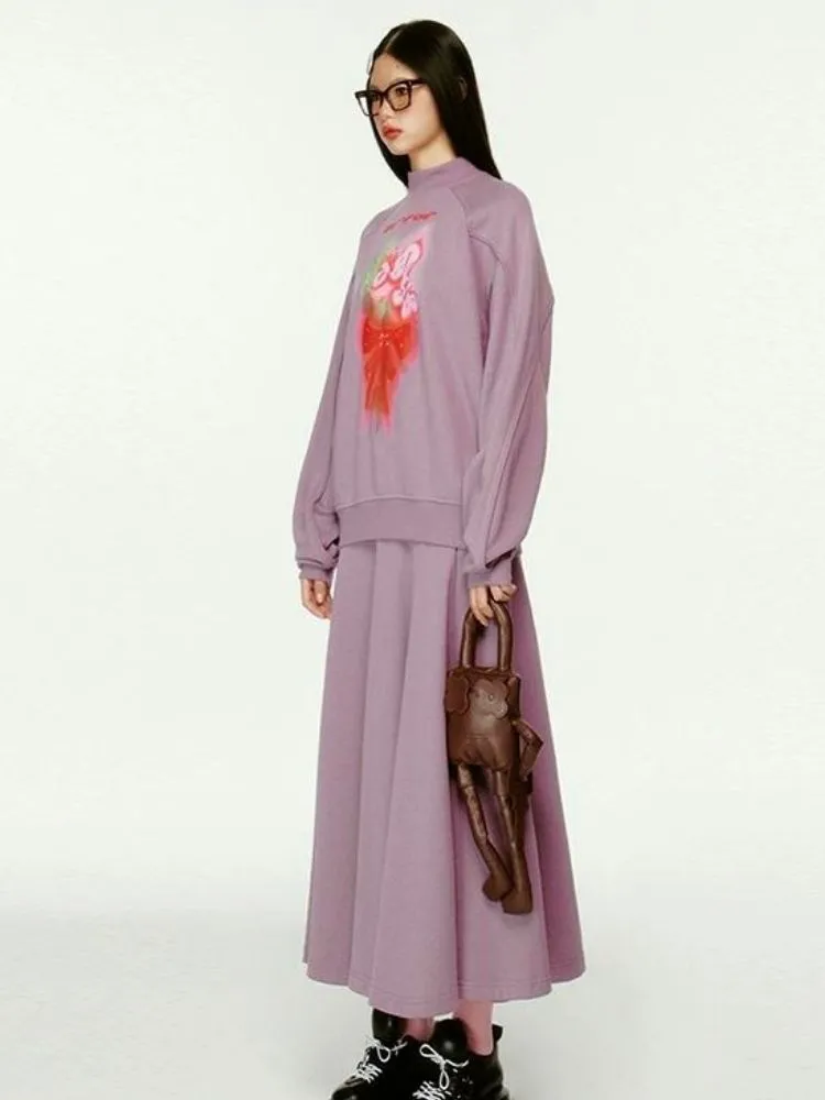 3D Effect Printed Purple Long Sleeve Sweatshirt Set【s0000004423】