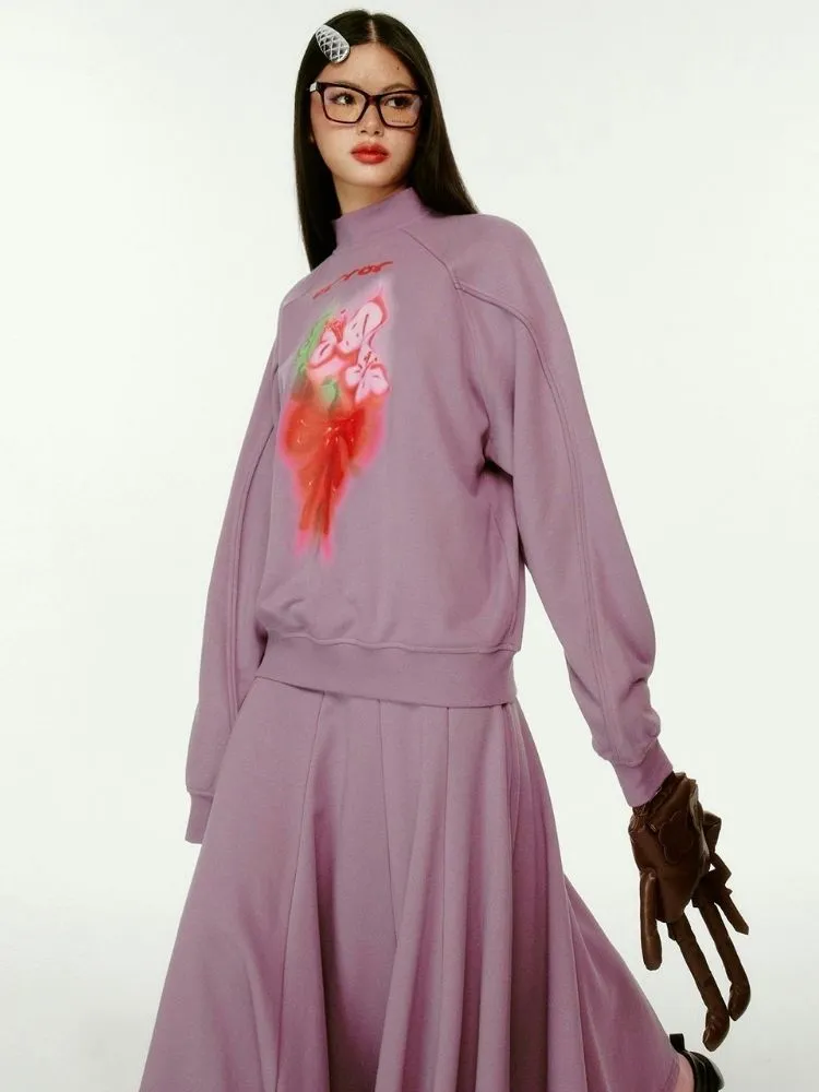 3D Effect Printed Purple Long Sleeve Sweatshirt Set【s0000004423】
