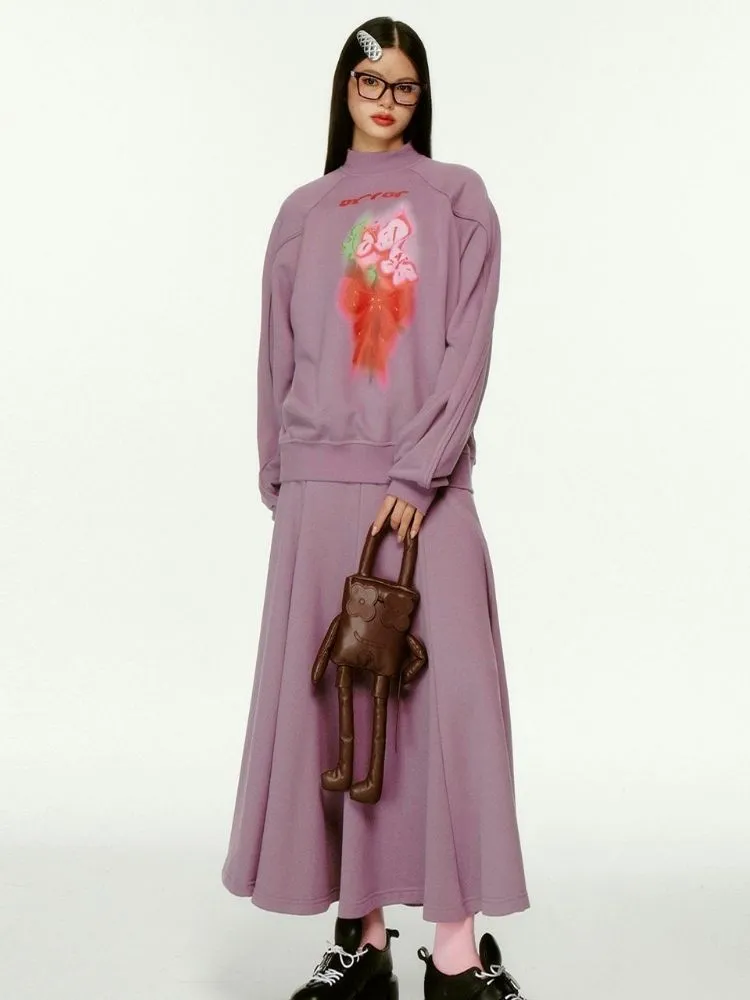 3D Effect Printed Purple Long Sleeve Sweatshirt Set【s0000004423】
