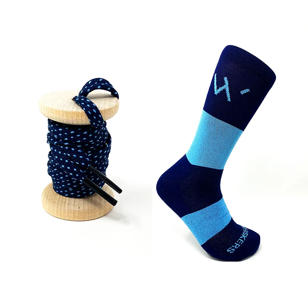 45" Navy & Light Blue Flat Ticked Sneaker Lace   Navy & Light Blue Banded Jacques Sock