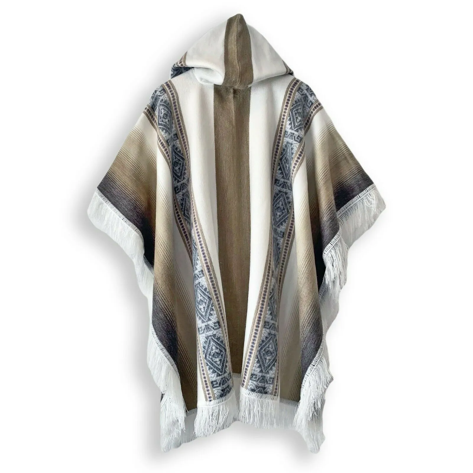 Alangasi - Lightweight Baby Alpaca Fringed Hooded Poncho - Beige - Unisex