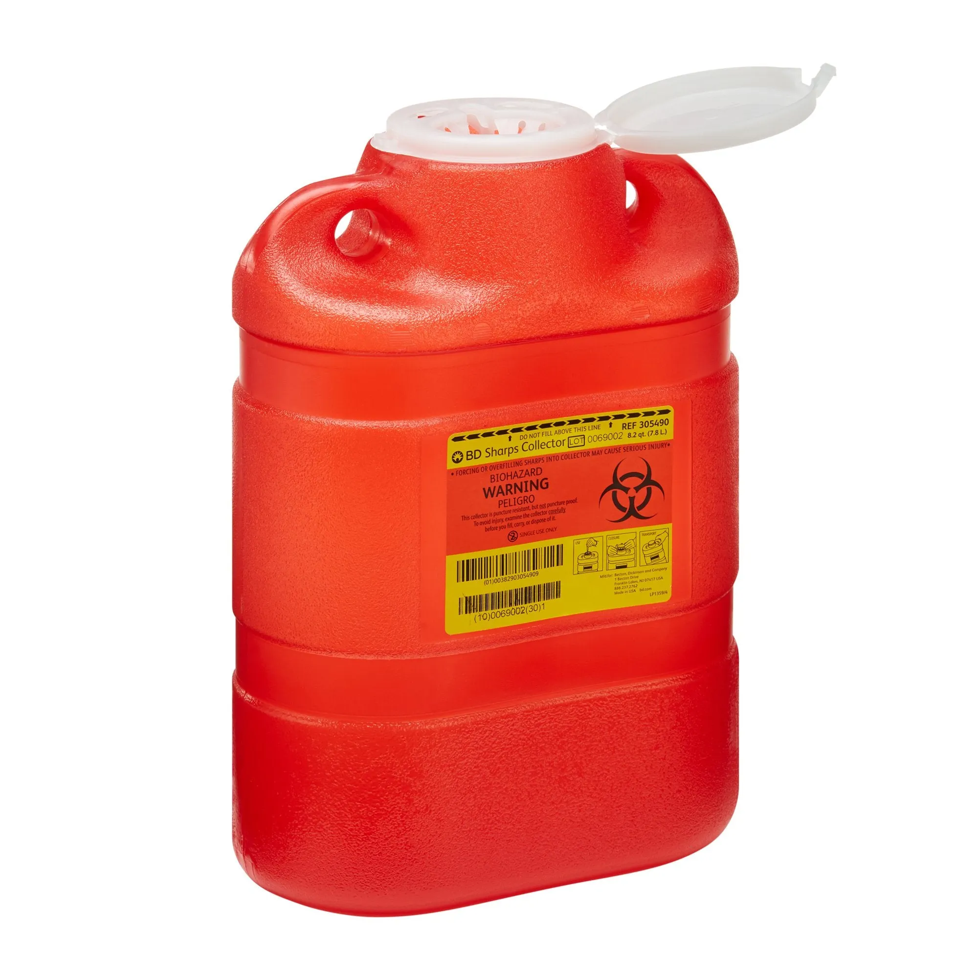 BD Sharps Container, 1-Piece, 8.2 Quart, Red, Funnel Lid