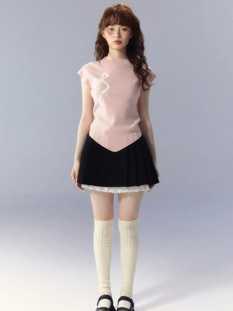 Bow Printed Knitted Sleeveless T-Shirt【s0000003342】