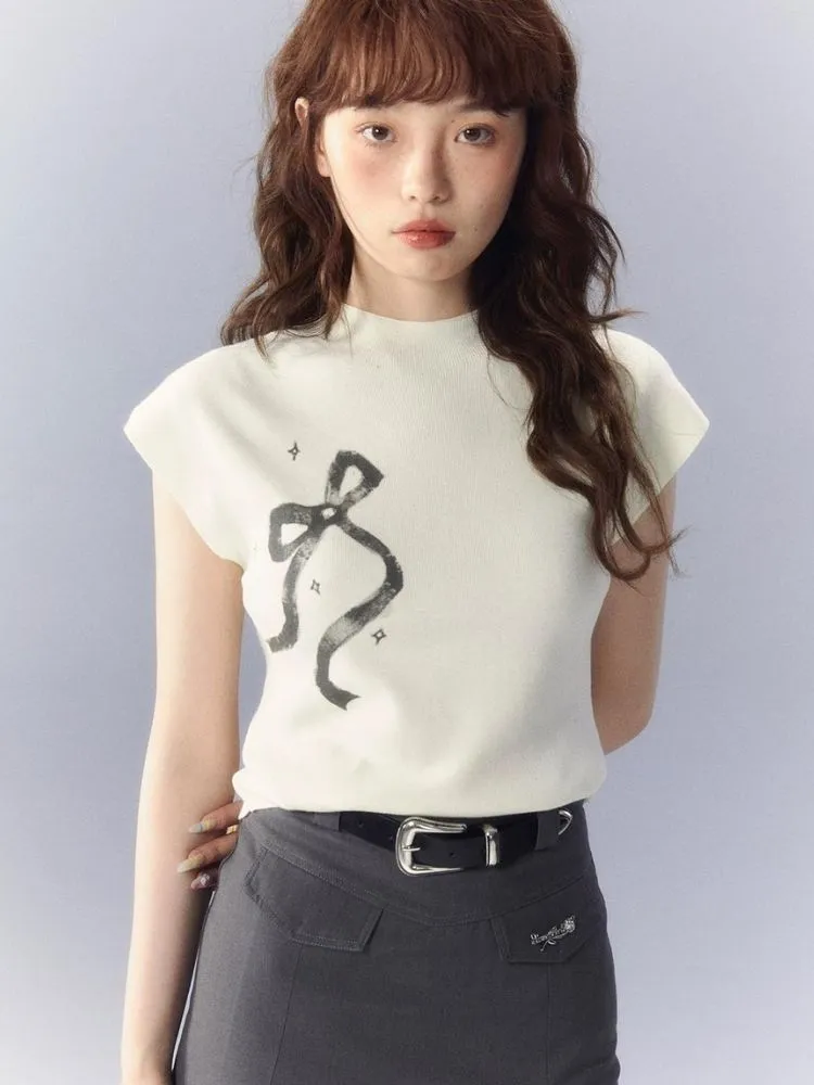 Bow Printed Knitted Sleeveless T-Shirt【s0000003342】