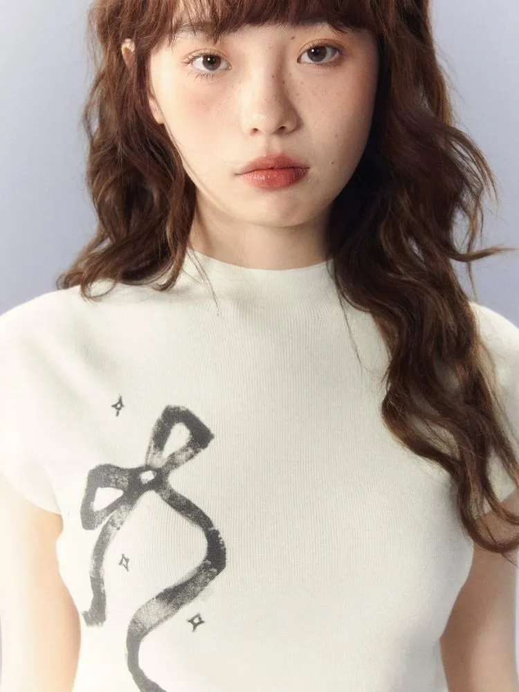 Bow Printed Knitted Sleeveless T-Shirt【s0000003342】