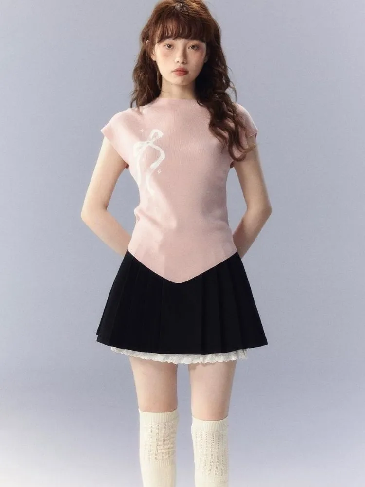 Bow Printed Knitted Sleeveless T-Shirt【s0000003342】