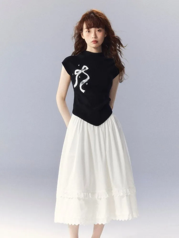 Bow Printed Knitted Sleeveless T-Shirt【s0000003342】