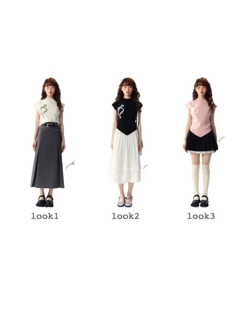 Bow Printed Knitted Sleeveless T-Shirt【s0000003342】