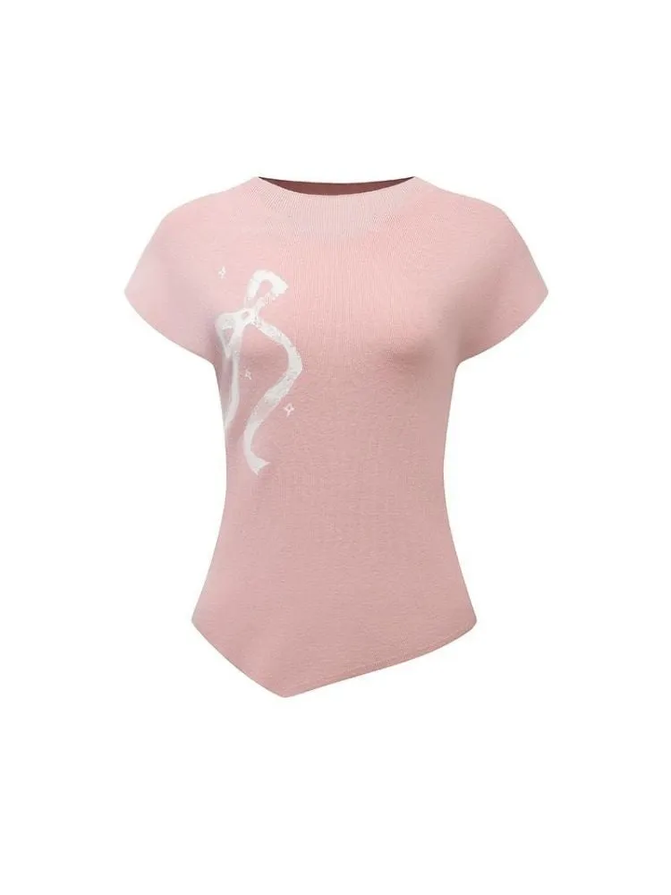 Bow Printed Knitted Sleeveless T-Shirt【s0000003342】