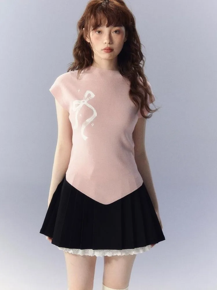 Bow Printed Knitted Sleeveless T-Shirt【s0000003342】