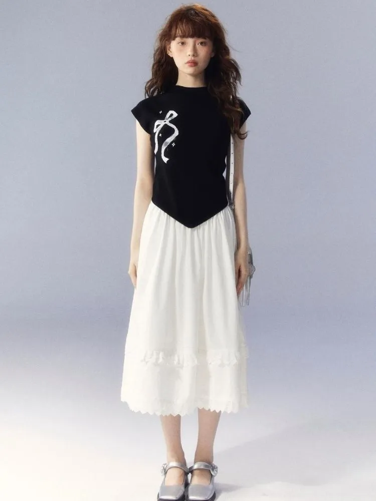 Bow Printed Knitted Sleeveless T-Shirt【s0000003342】