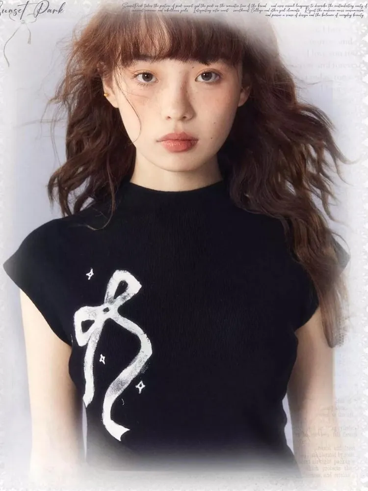 Bow Printed Knitted Sleeveless T-Shirt【s0000003342】