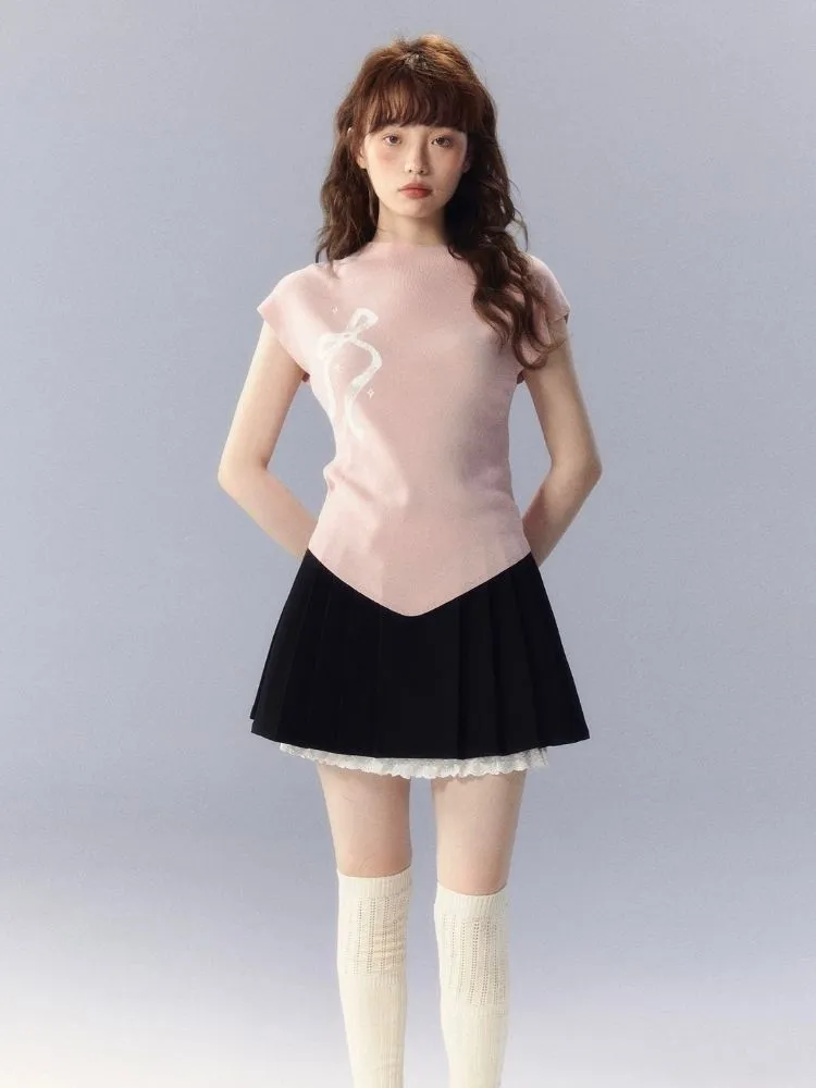 Bow Printed Knitted Sleeveless T-Shirt【s0000003342】