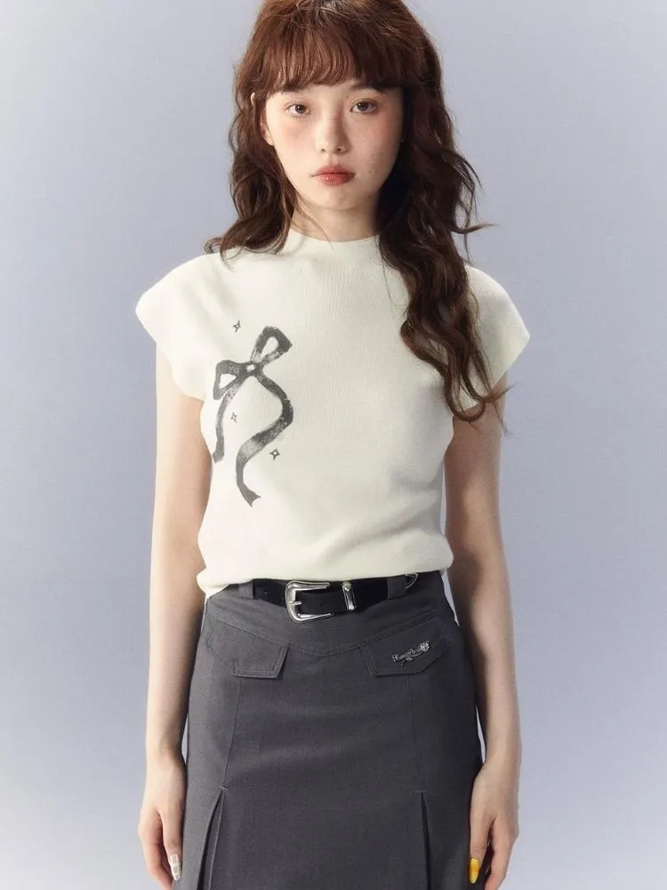 Bow Printed Knitted Sleeveless T-Shirt【s0000003342】
