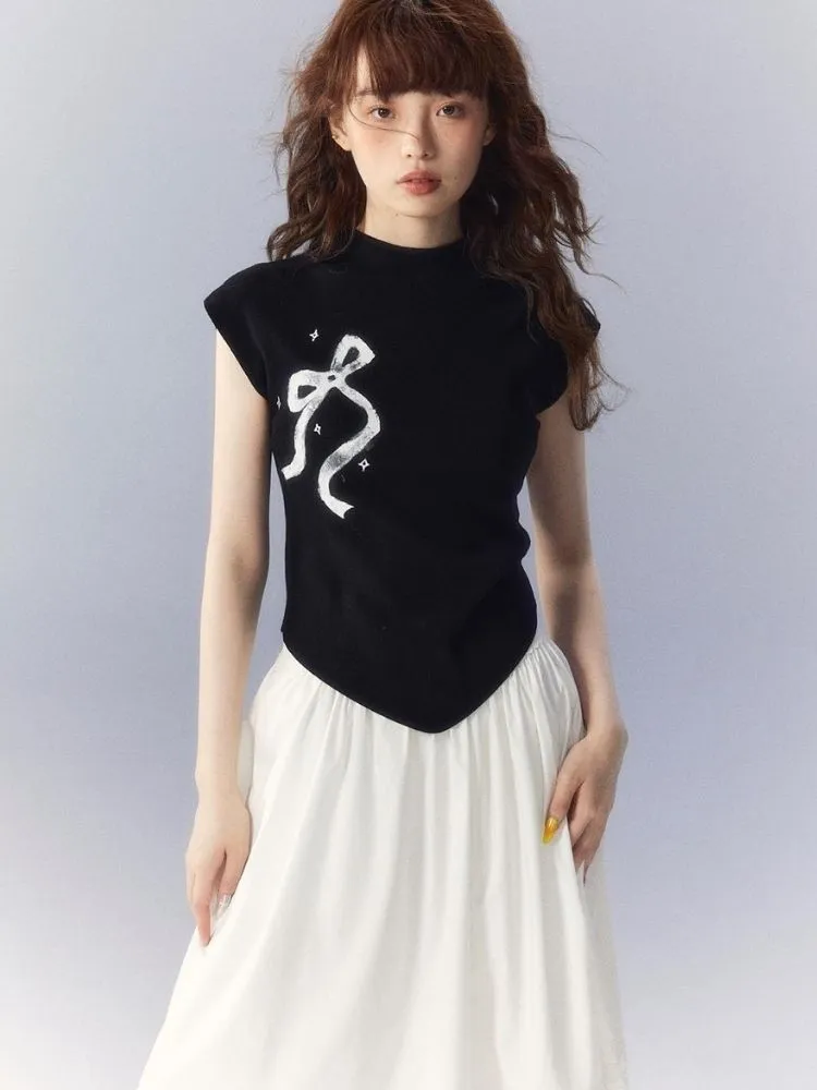 Bow Printed Knitted Sleeveless T-Shirt【s0000003342】