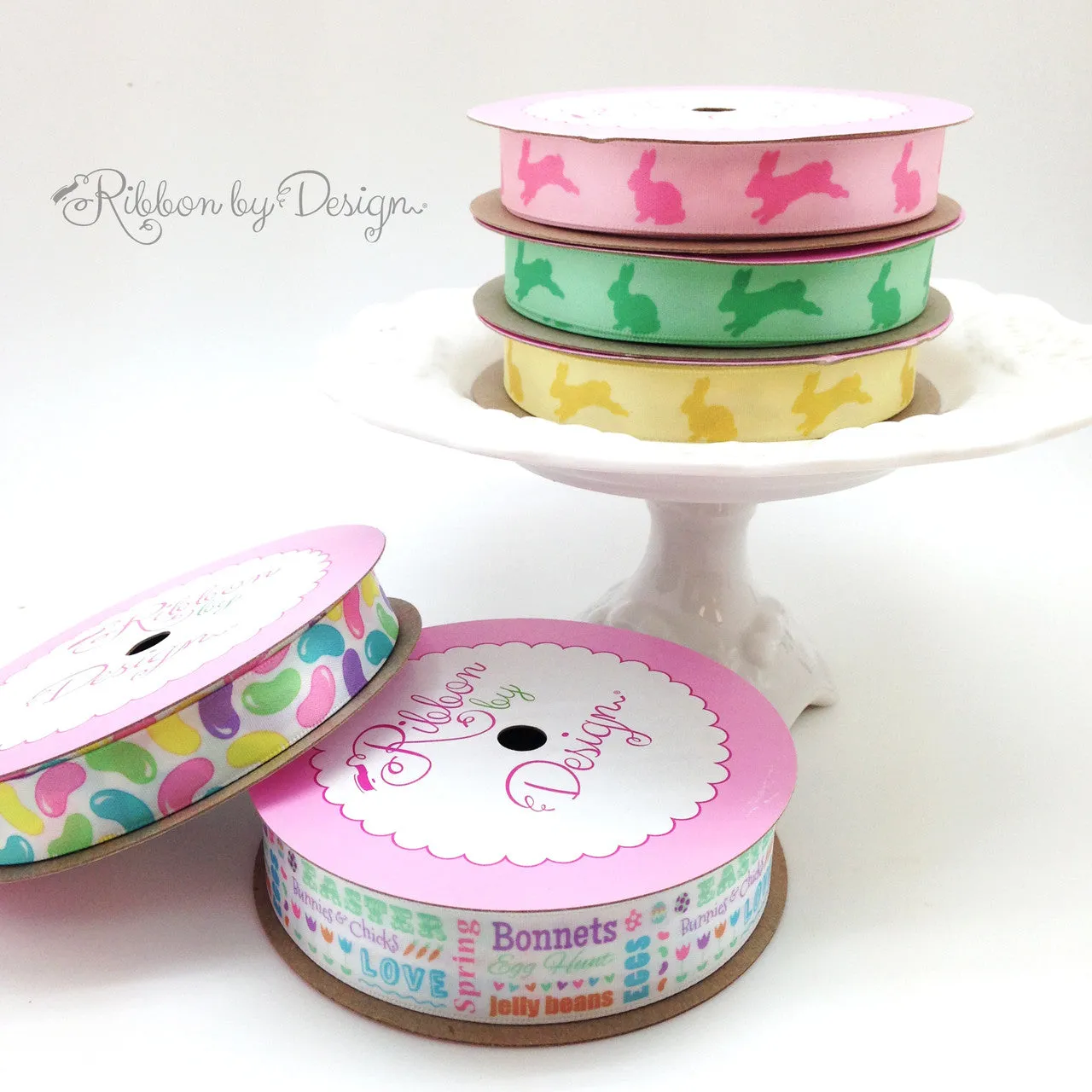 Bunnies Ribbon in pink hopping on 5/8"Lt. Pink single face satin ribbon
