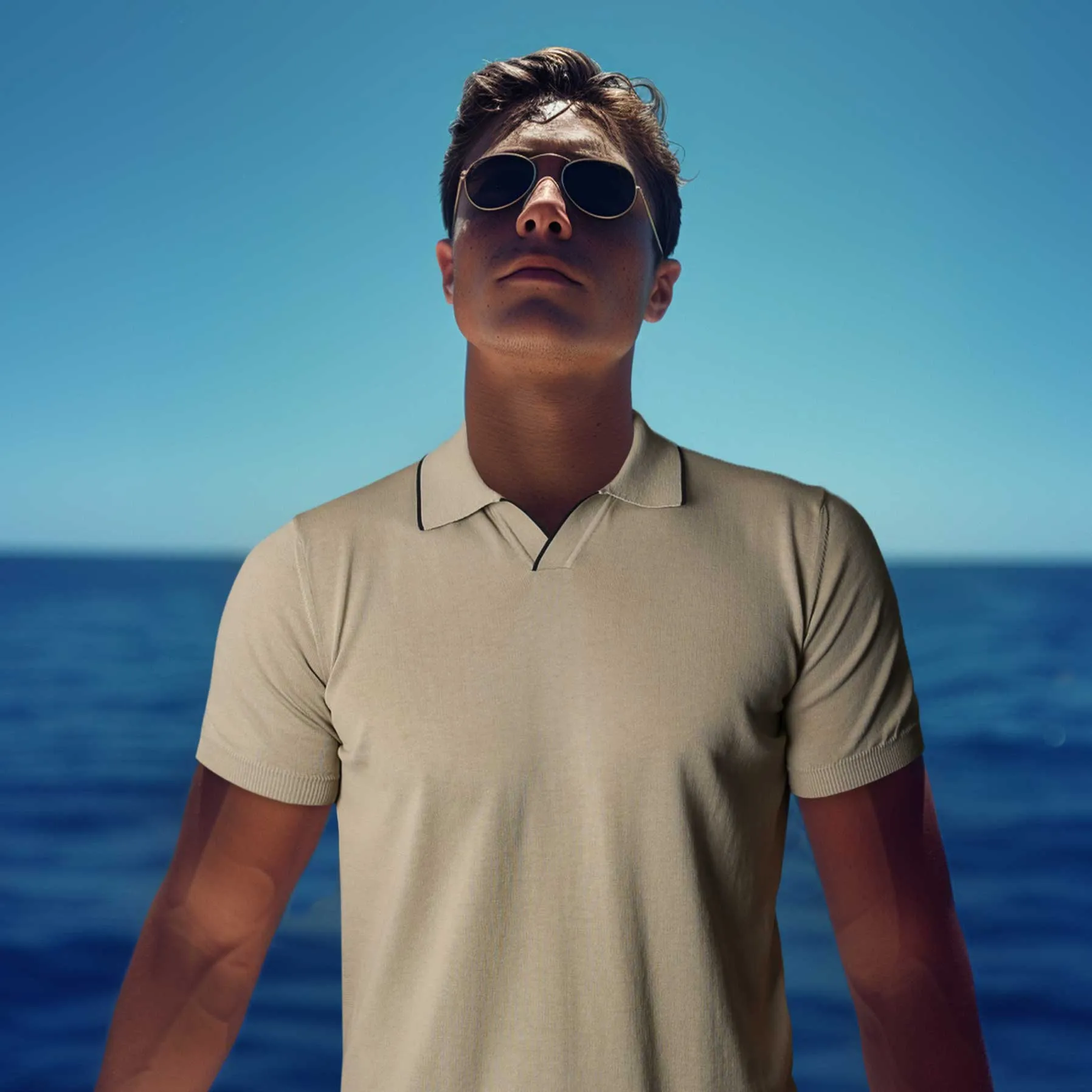 Canali Open Neck Knitted Polo in Beige