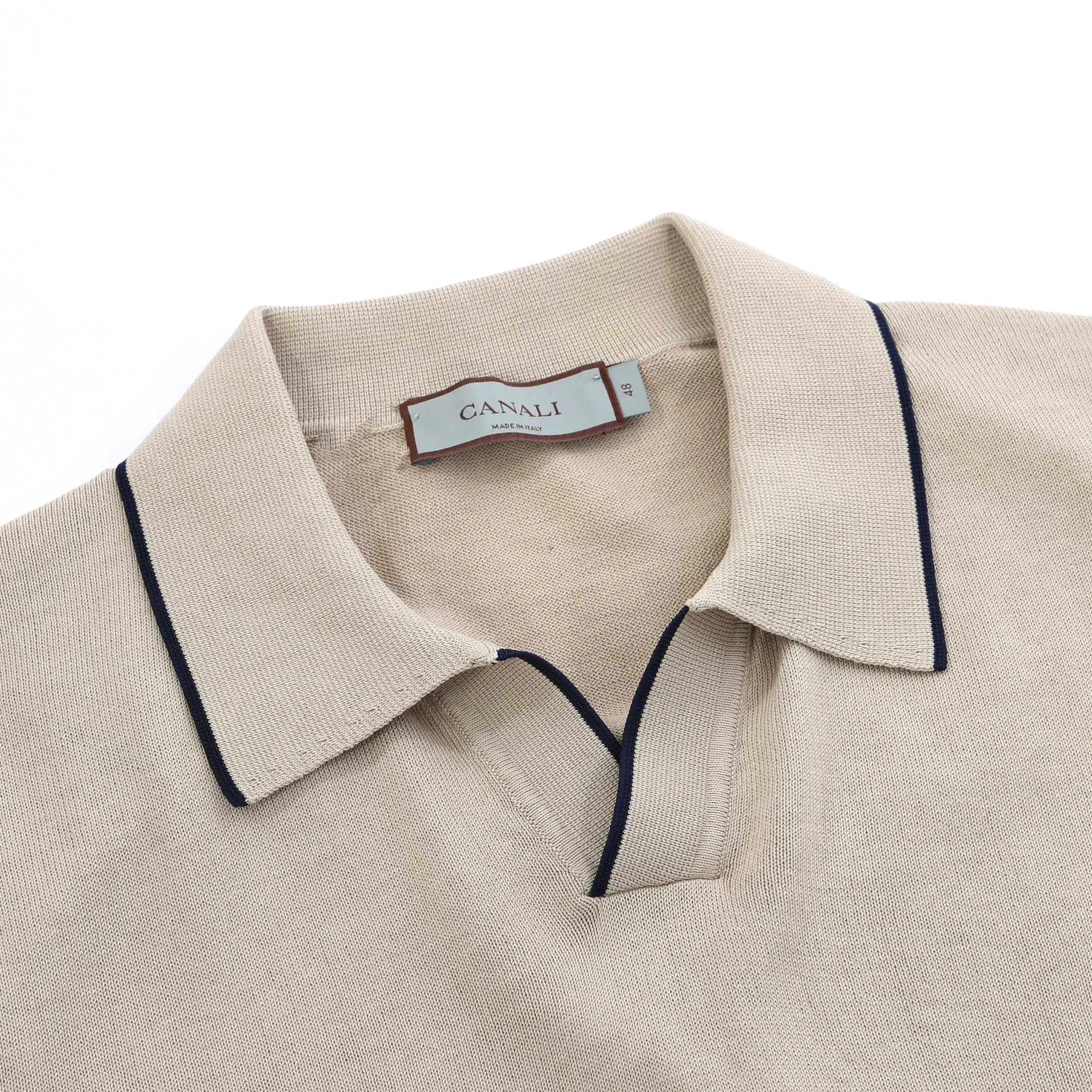 Canali Open Neck Knitted Polo in Beige