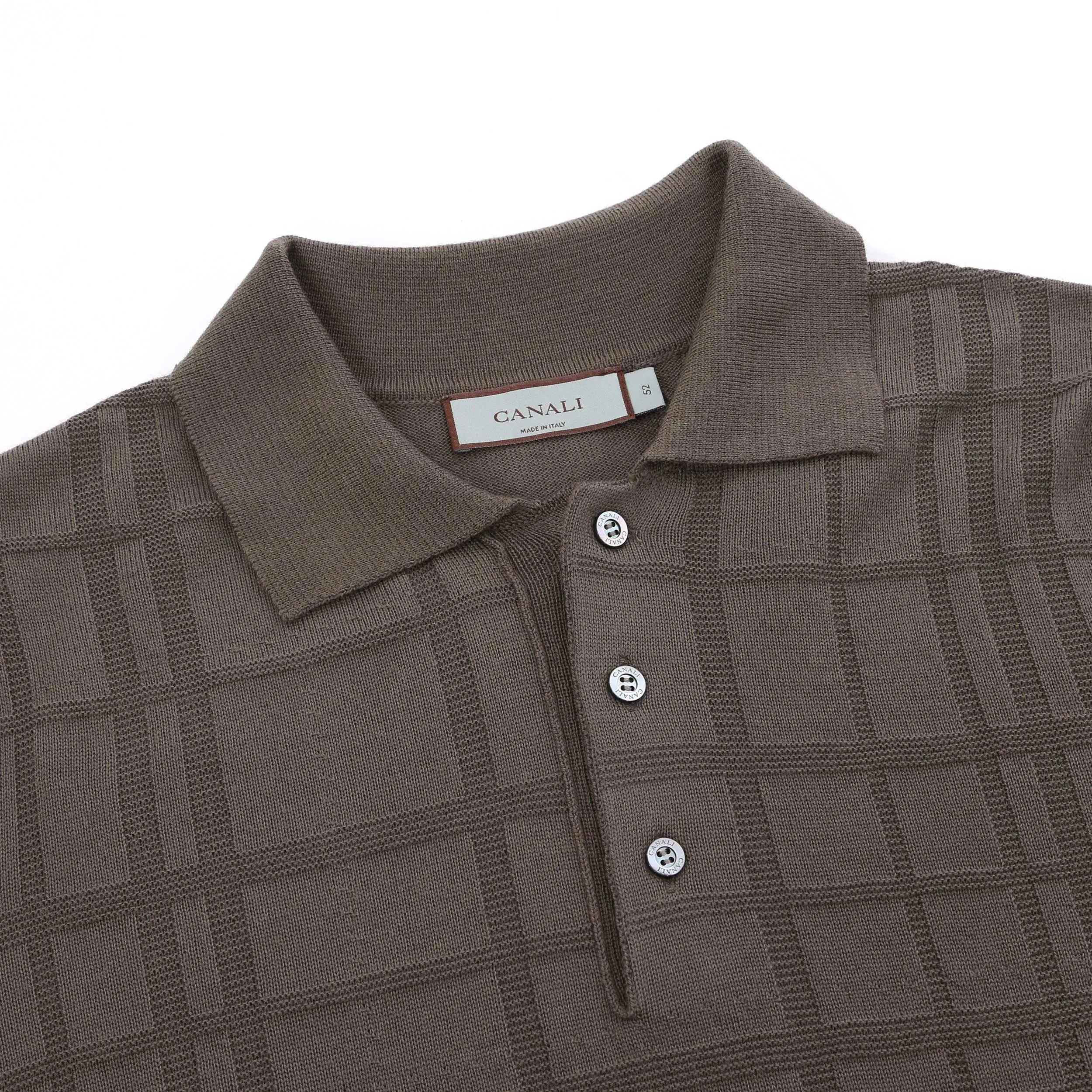Canali Self Check Knitted Polo in Mushroom Brown