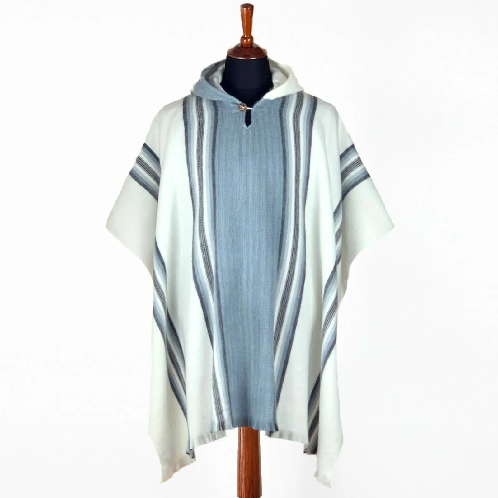 Carchipulla - Lightweight Baby Alpaca Hooded Poncho - Striped White/Gray Pattern - Unisex