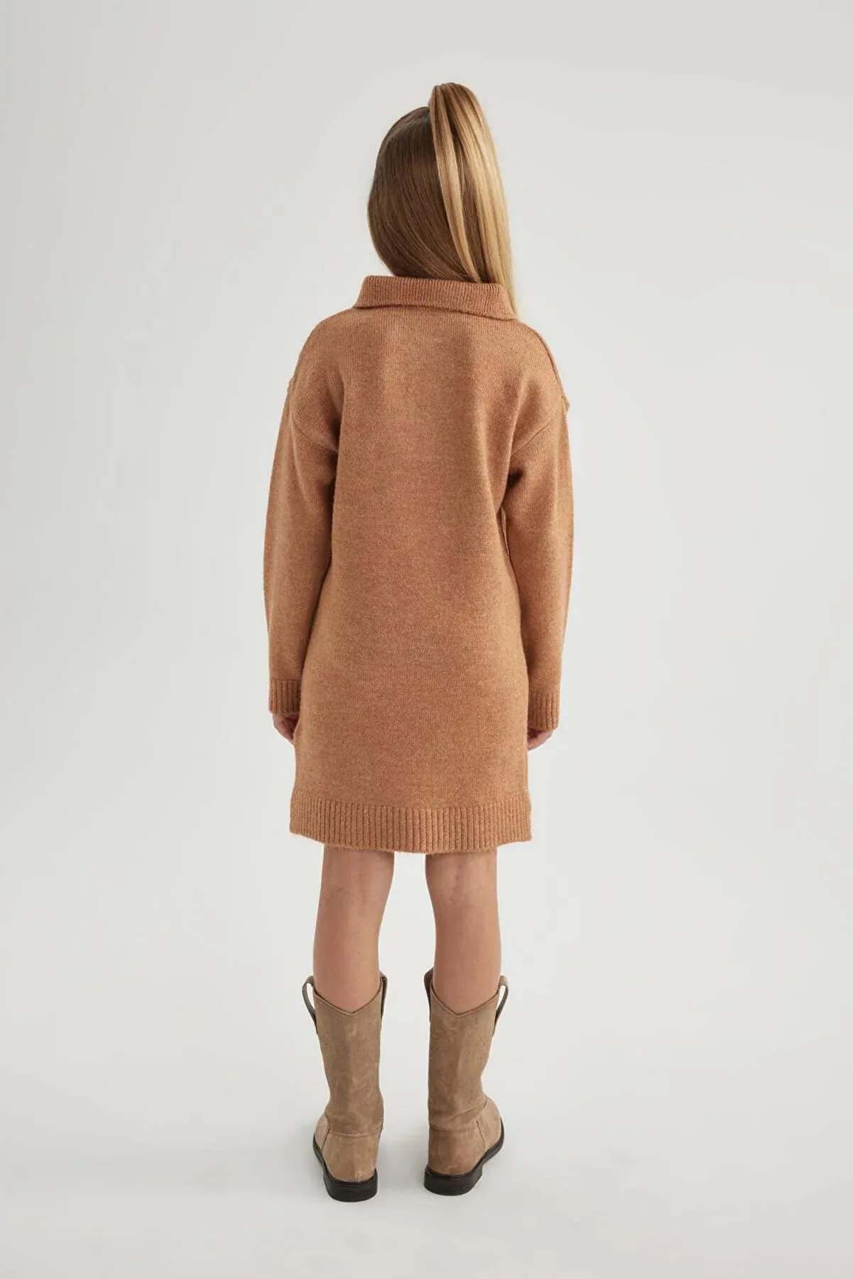Defacto Girl's Brown Polo Neck Long Sleeve Knitwear Dress
