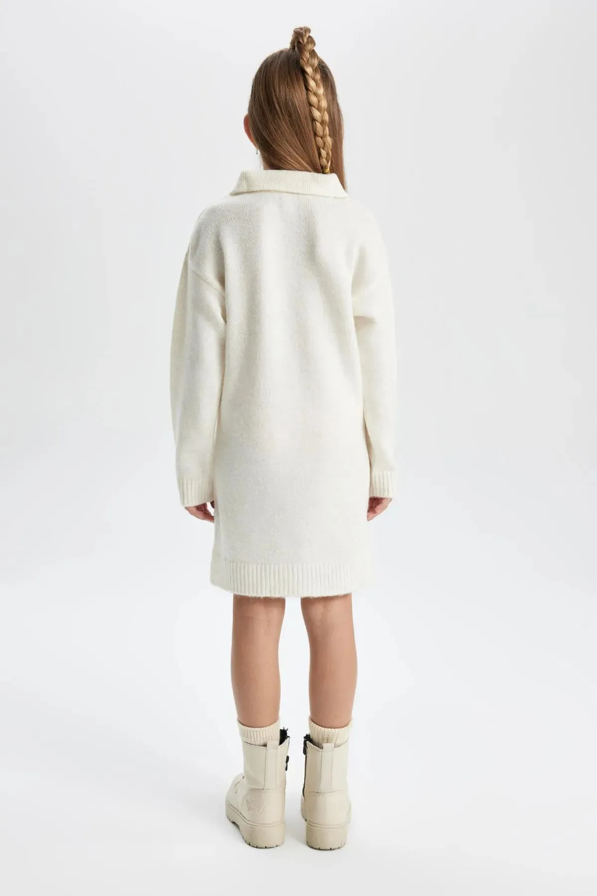 Defacto Girl's Ecru Polo Neck Long Sleeve Knitwear Dress