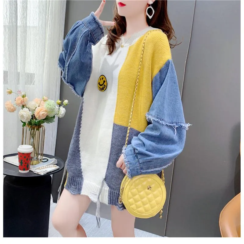 Denim Tassel Patchwork Knit Sweater Worn Outside Loose Fit Cardigan