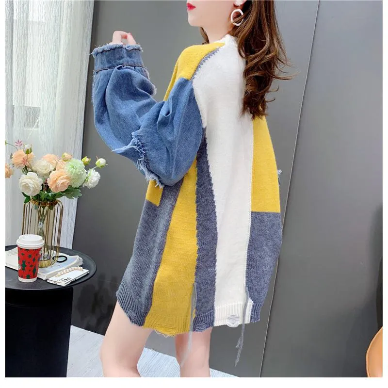 Denim Tassel Patchwork Knit Sweater Worn Outside Loose Fit Cardigan