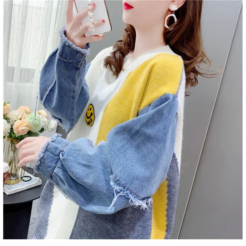 Denim Tassel Patchwork Knit Sweater Worn Outside Loose Fit Cardigan