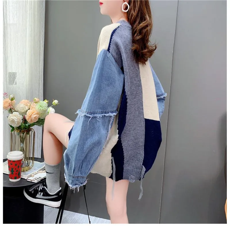Denim Tassel Patchwork Knit Sweater Worn Outside Loose Fit Cardigan