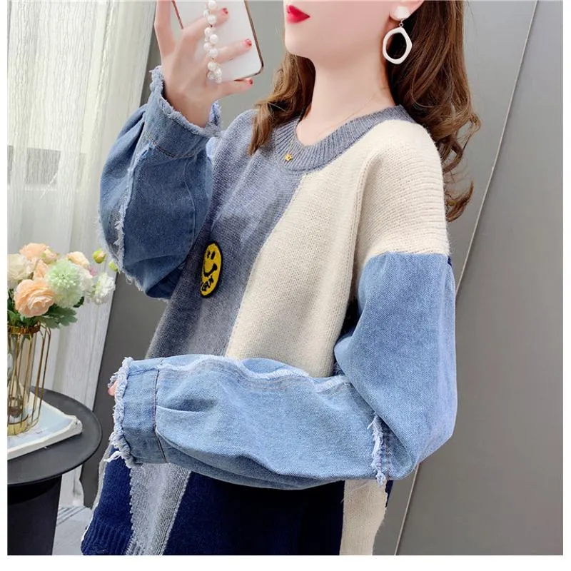 Denim Tassel Patchwork Knit Sweater Worn Outside Loose Fit Cardigan