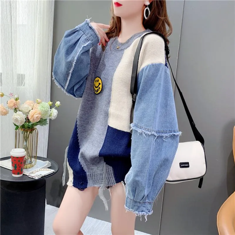 Denim Tassel Patchwork Knit Sweater Worn Outside Loose Fit Cardigan