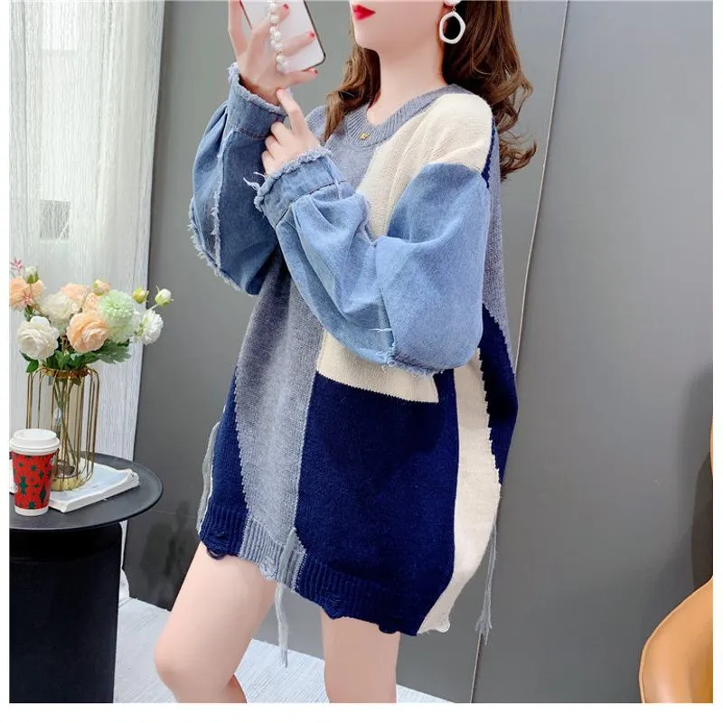 Denim Tassel Patchwork Knit Sweater Worn Outside Loose Fit Cardigan