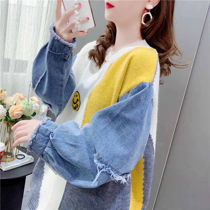 Denim Tassel Patchwork Knit Sweater Worn Outside Loose Fit Cardigan