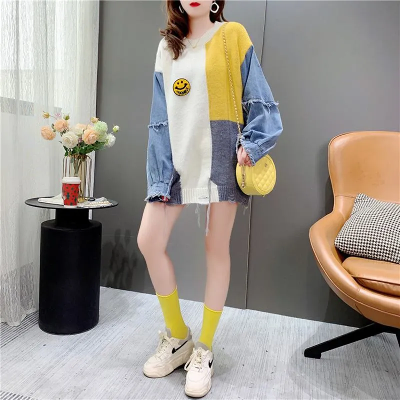 Denim Tassel Patchwork Knit Sweater Worn Outside Loose Fit Cardigan