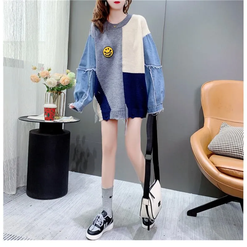Denim Tassel Patchwork Knit Sweater Worn Outside Loose Fit Cardigan