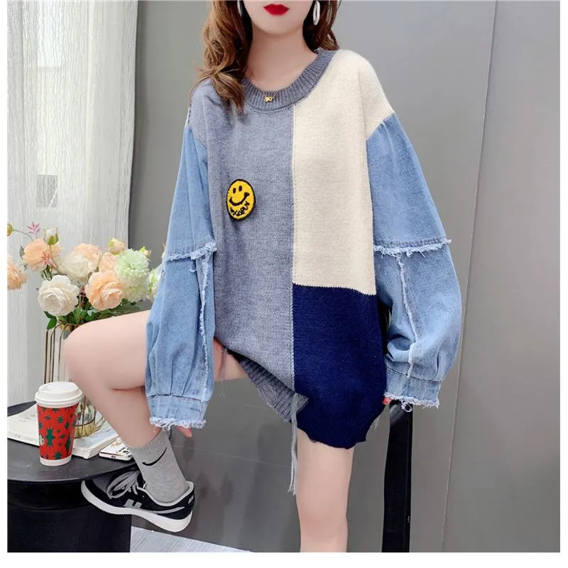 Denim Tassel Patchwork Knit Sweater Worn Outside Loose Fit Cardigan