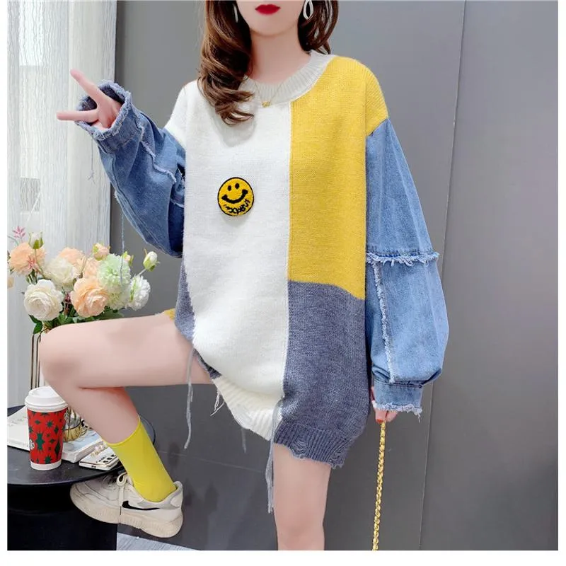 Denim Tassel Patchwork Knit Sweater Worn Outside Loose Fit Cardigan