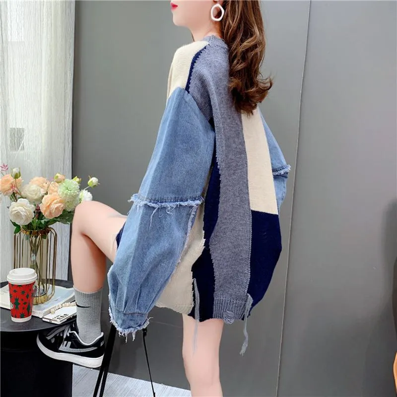 Denim Tassel Patchwork Knit Sweater Worn Outside Loose Fit Cardigan