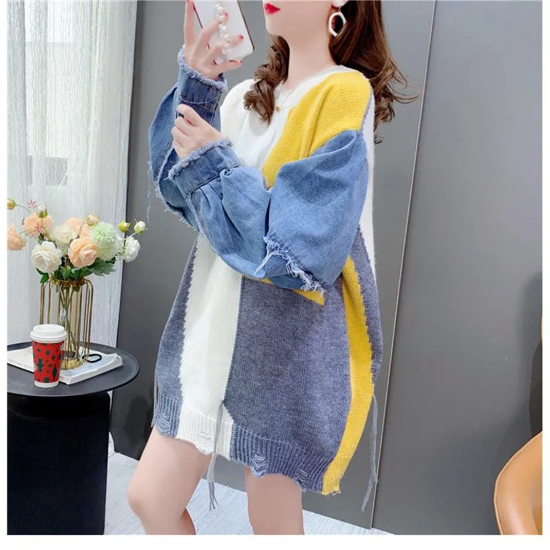 Denim Tassel Patchwork Knit Sweater Worn Outside Loose Fit Cardigan