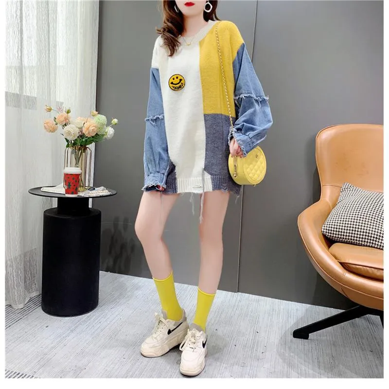 Denim Tassel Patchwork Knit Sweater Worn Outside Loose Fit Cardigan