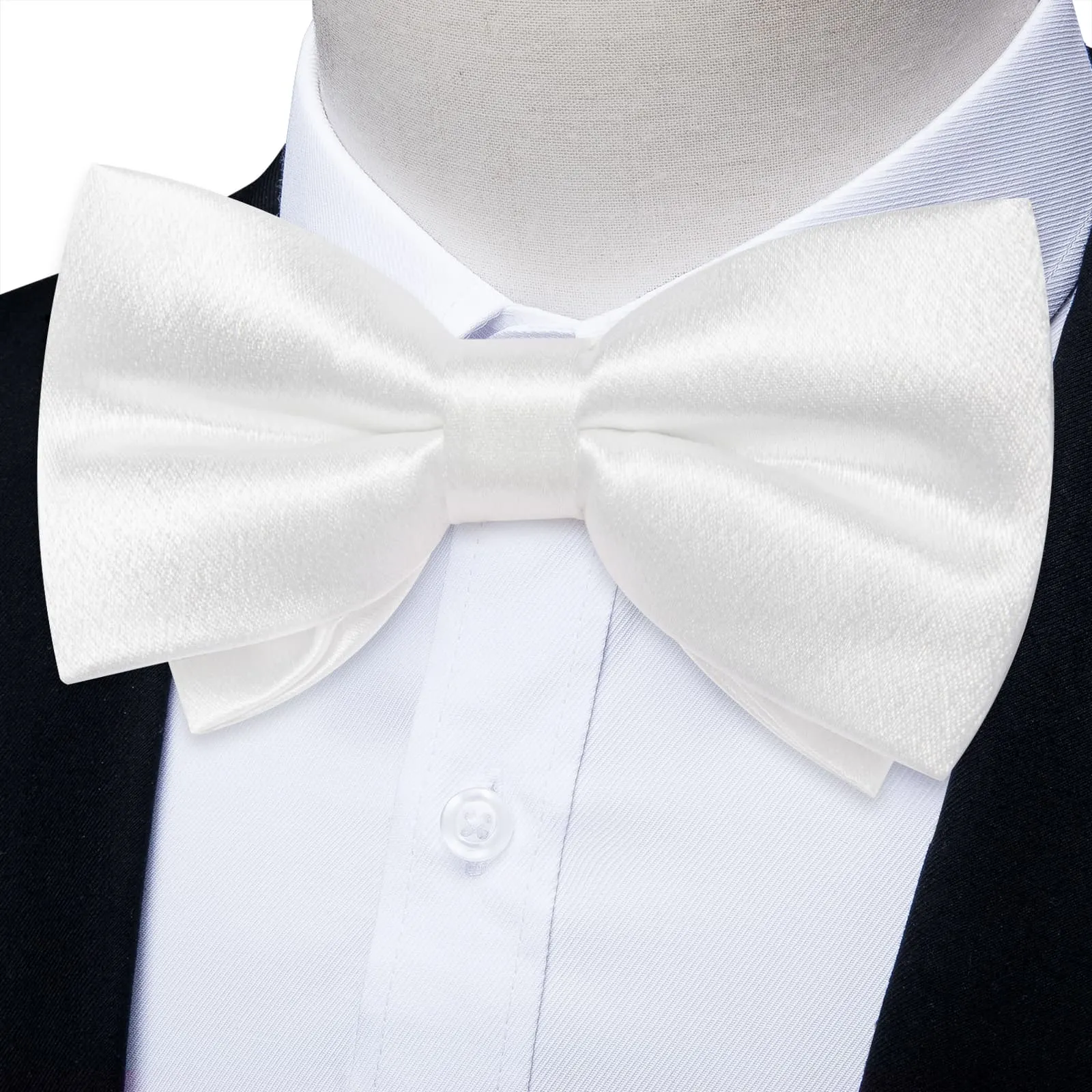 DiBanGu Silk Bow Tie Shining Pure White Solid Mens Pre-Tied Bowtie Pocket Square Cufflinks Set