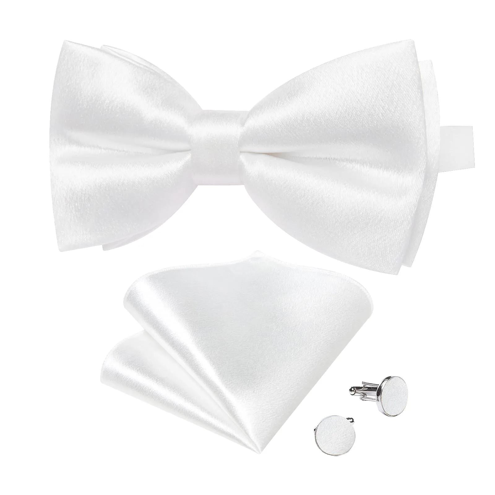 DiBanGu Silk Bow Tie Shining Pure White Solid Mens Pre-Tied Bowtie Pocket Square Cufflinks Set