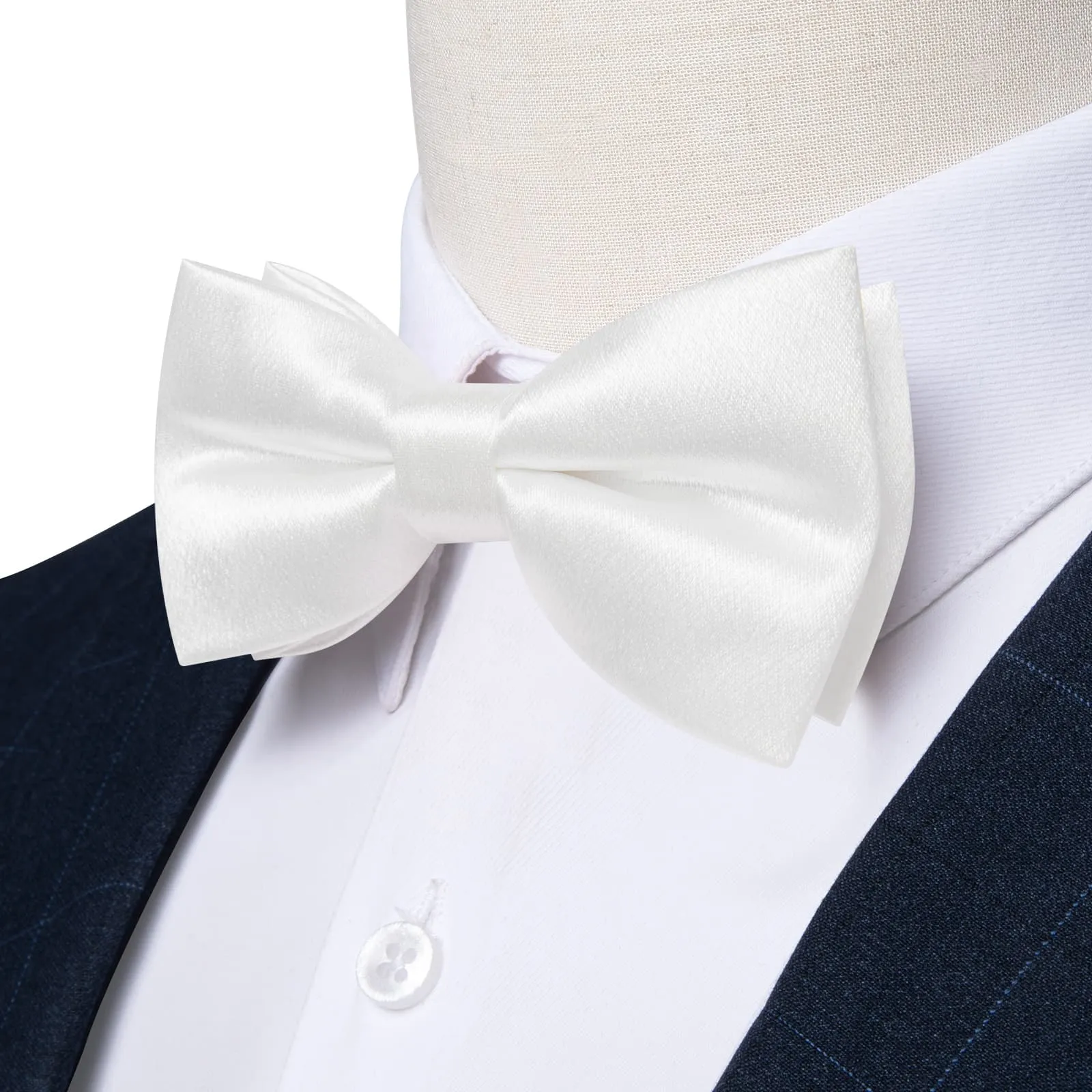 DiBanGu Silk Bow Tie Shining Pure White Solid Mens Pre-Tied Bowtie Pocket Square Cufflinks Set