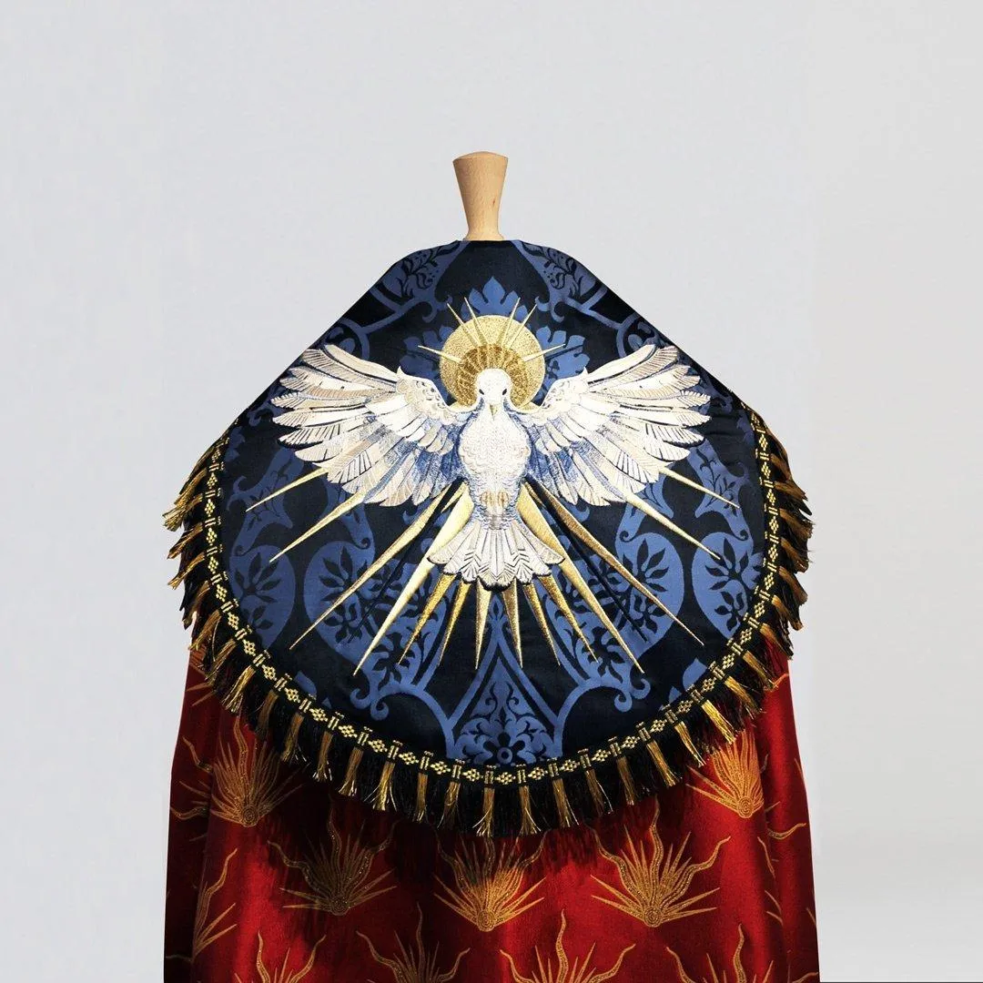 Dove Cope in Red 'Pentecost' Brocade with Bellini Blue/Black 'Gothic' Hood and Embroidery