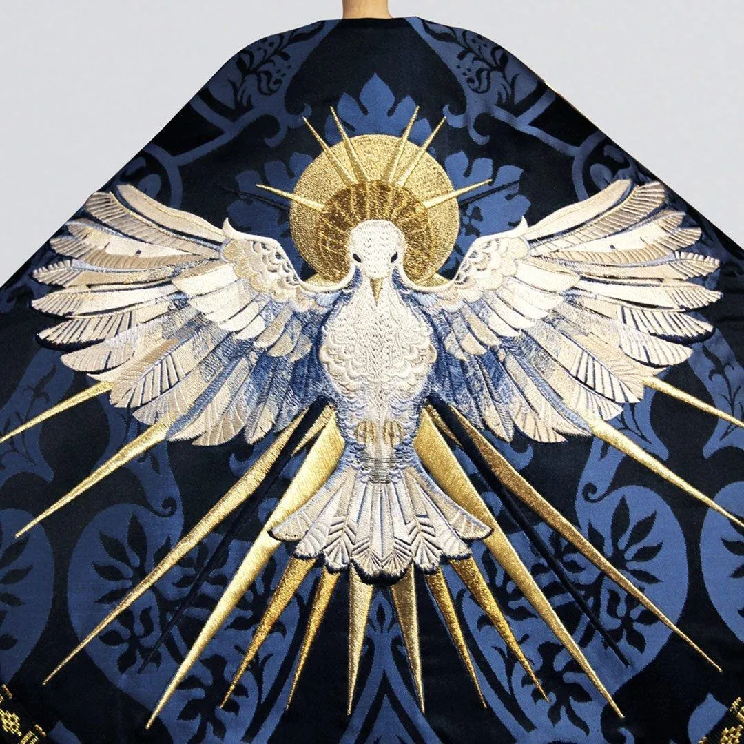 Dove Cope in Red 'Pentecost' Brocade with Bellini Blue/Black 'Gothic' Hood and Embroidery